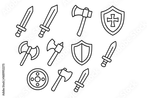 Medieval weapon line icon set. Collection of simple vector swords, axes, and shields. Knight, viking, and barbarian armament for fantasy RPG games. Historical battle symbols.