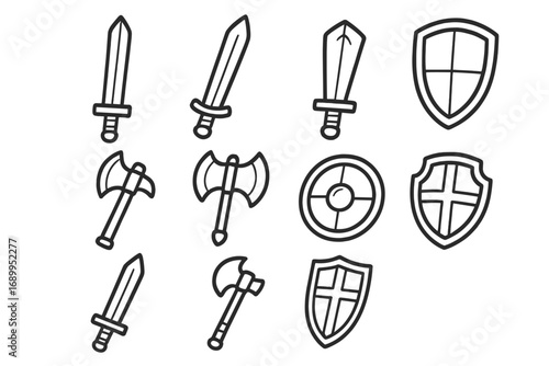Medieval weapon icon set. Line art collection of swords, axes, and shields. Hand drawn doodle style vector for fantasy, RPG games, or history. Cartoon battle elements.