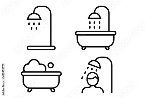 Shower and bathtub vector icon set. Modern outline style collection for bathroom, hygiene, and washing concepts. Includes bath with bubbles and person showering. Linear pictograms.