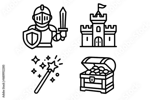 Medieval fantasy outline icon set. Knight, castle, magic wand, treasure chest. Simple vector line art for RPG game, fairytale story, history. Armor, sword, shield, fortress.
