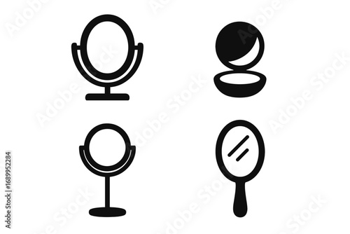 Mirror icon set. Cosmetic and makeup mirror solid silhouette symbols. Vector illustration includes hand mirror, compact, and table mirror for beauty and grooming concepts.