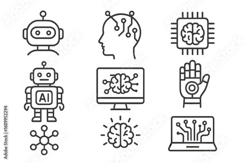 Artificial intelligence line icon set. AI concepts, machine learning, robotics, and neural networks. Vector symbols of robot, cyborg head, brain chip, and future technology.
