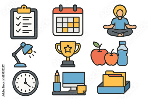 Productivity and wellness at work icon set. Office and business life symbols. Calendar, checklist, meditation, time management and healthy lifestyle for work life balance concept.