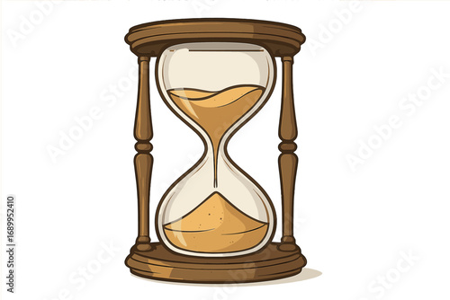Hourglass with flowing sand, an icon of time passing. Sandglass timer counting down minutes. Vintage sand clock for deadline and urgency concepts. Vector illustration.
