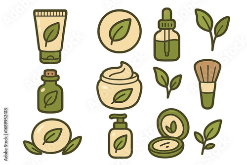 Natural cosmetics and organic skincare icon set. Eco-friendly beauty products vector illustration. Sustainable, vegan lifestyle concept with green leaves. Cream, serum, lotion.
