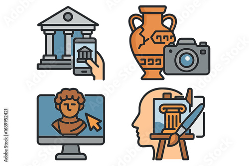 Cultural heritage and history preservation icon set. Digital technology for museum, art restoration and archaeology. Vector icons for virtual tour, online gallery and documentation.