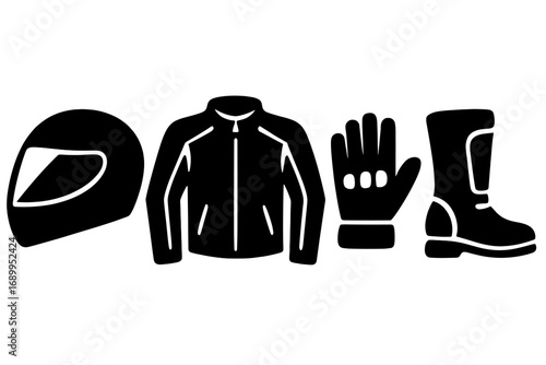 Motorcycle gear icon set. Biker safety equipment silhouette. Vector illustration of helmet, protective jacket, gloves and boots. Motorbike rider apparel graphic elements.