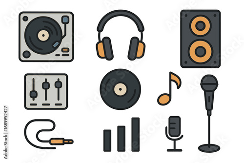 Music and DJ equipment icon set. Turntable, headphones, vinyl record, speaker, mixer, microphone. Audio production elements. Sound recording, podcast, and studio gear icons.
