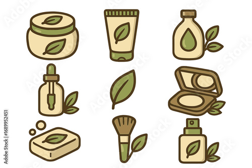 Natural beauty cosmetics vector icon set. Eco-friendly organic skincare products. Sustainable lifestyle concept. Green leaves. Cartoon illustration of cream, serum, soap, oil, spray.