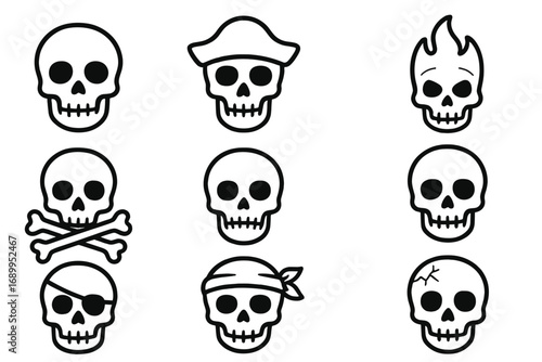 Skull line icon bundle. Pirate head with crossbones, eyepatch, and bandana. Flaming, cracked skull. Danger, poison, death symbol. Jolly Roger. Vector cartoon set for web.