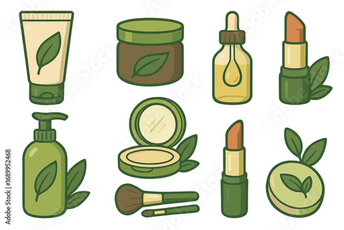 Natural cosmetics & organic beauty products icon set. Eco-friendly skincare & makeup with green leaves. Sustainable, vegan lifestyle concept. Vector cartoon illustration collection.