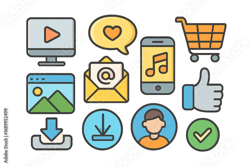 Vector icon set of digital online activities. Social media, marketing, communication, and e-commerce symbols. Like, download, video, music, and email icons for web and mobile UI.