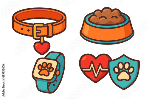 Pet care icons set. Vector cartoon illustration for dog and cat essentials. Includes collar, food bowl, GPS tracker, smartwatch, and health insurance or veterinary monitoring.