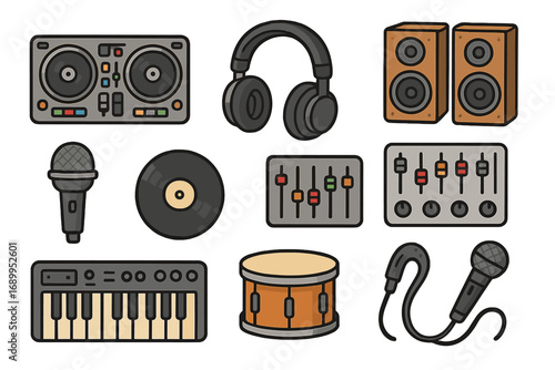 Music equipment icon set. Vector cartoon collection of DJ gear: turntable, headphones, speakers, and mixer. Audio production symbols: microphone, vinyl record, synth, and drum.