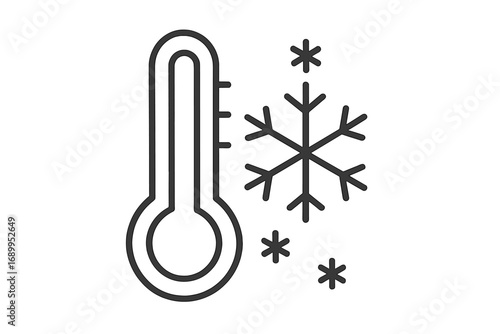 Cold weather thermometer icon with snowflake. Winter season, freezing temperature symbol. Frost, climate, meteorology concept. Minimal vector line art for web and graphic design.