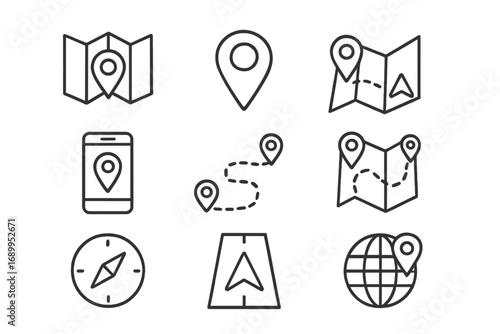 Navigation and GPS line icon set. Map, route, location pin, pointer, destination, compass. Linear icons collection. Vector for travel, direction, pathfinding, mobile app.