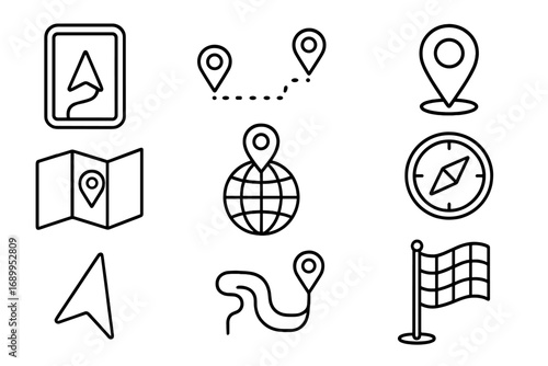 Navigation map outline icon set. GPS route, location pin, and destination symbols. Vector line art collection for travel, direction, and journey concepts. Path, pointer, compass.
