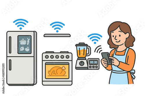 Smart home kitchen automation concept. Woman controlling appliances with smartphone. IoT technology for cooking. Wireless fridge, oven, blender. Modern convenience vector illustration.