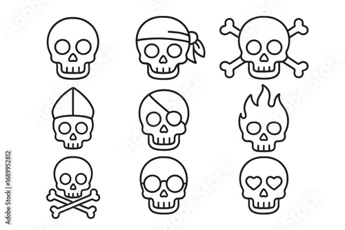 Skull thin line icon set. Pirate, Jolly Roger, crossbones, danger, love, fire symbols. Outline death pictogram collection for web, graphic design, apps, and Halloween vector pack.