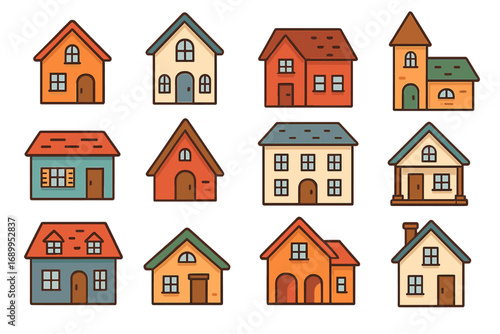 Vector set of cute cartoon houses. Collection of various buildings. Home icon bundle for real estate or cityscape. Stylized simple flat design residential property. Architecture.