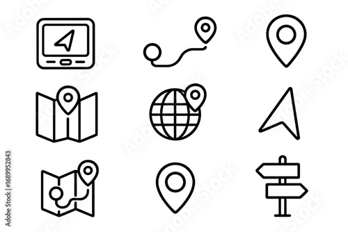 Navigation map outline icon set. Gps direction and route location symbols. Vector destination pin, travel pointer, road signpost, and journey itinerary signs collection.