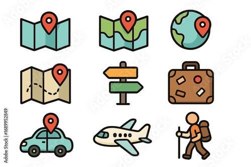 Travel icon set. Vector cartoon illustration pack with map, location pin, GPS, navigation, destination, journey, airplane, car, hiking and luggage symbols for apps and graphics.
