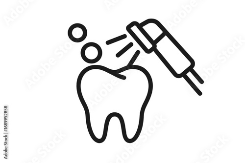 Dental cleaning line icon. Tooth treatment with a water irrigator. Professional oral hygiene, caries prevention. Plaque removal, teeth whitening. Dentistry, stomatology vector.