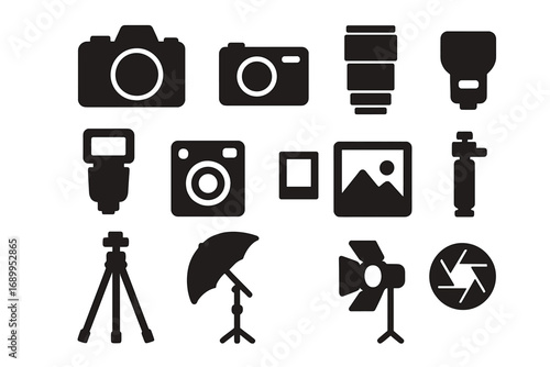Photography equipment icon set. Vector collection of black silhouette symbols for photographer. Camera, lens, flash, tripod, studio light, instant photo graphic elements.
