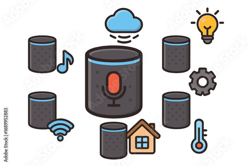 Smart speaker vector icon set. Voice assistant, home automation technology concept. IoT digital ecosystem with cloud, music, light, wifi and temperature control for management.