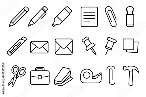 Office supply and stationery outline icon set. Business tools vector collection. Line art symbols for work and school. Pencil, pen, paperclip, scissors, stapler, mail icons.
