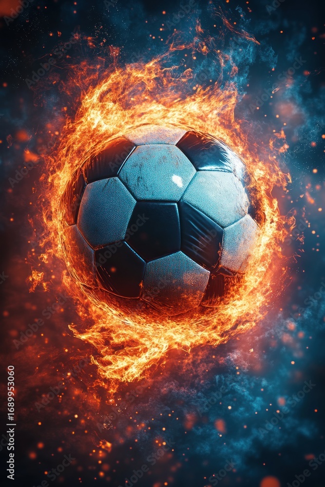 Fototapeta premium Classic black and white soccer ball engulfed in vibrant swirling flames against a dark smoky background, evoking intensity and energy