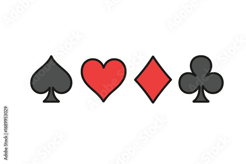 Playing card suits vector set. Heart, spade, diamond, club icons. Poker and casino gambling game symbols. Isolated graphic design elements for gaming. Cartoon illustration.