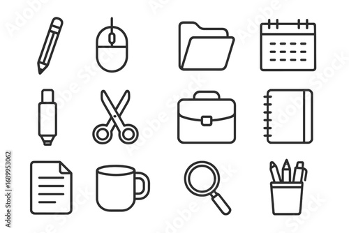 Office supplies icon set. Essential workspace tools linear collection. Business stationery vector pictograms. Includes pencil, mouse, folder, calendar, scissors, briefcase.