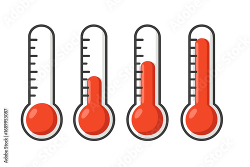 Thermometer vector icon set with different levels. Weather forecast symbol for hot and cold. Goal or progress meter. Red measuring tool isolated cartoon illustration.