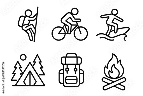 Outdoor adventure linear icon set. Climbing, biking, surfing, camping, and hiking line icons. Vector illustration for travel and active lifestyle. Thin outline pictogram collection.