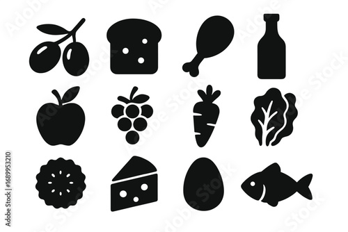Food icon set. Simple black glyphs of grocery items. Healthy eating pictograms. Vector illustration of fruit, vegetable, meat, fish, dairy, and bread silhouettes for diet.