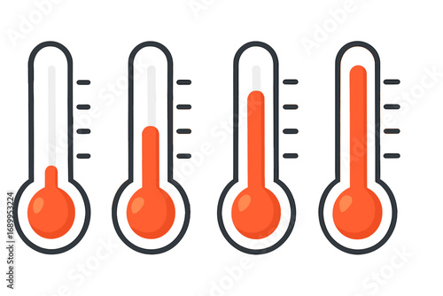 Thermometer vector icon set showing temperature levels. Weather forecast graphic with hot and cold indicators. Climate measurement tool. Cartoon illustration on transparent background.