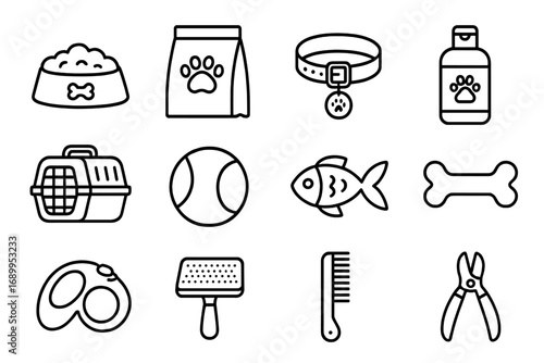 Pet care line icon set. Dog and cat grooming, food, and accessories. Vector collection of outline symbols for vet, shop, and essentials. Leash, collar, kennel, toy icons.