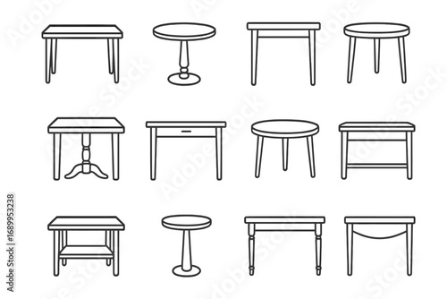 Table thin line icon set. Furniture outline sign collection. Desk, coffee table, side table symbols. Vector for graphic and web design, apps, ui, ux. Minimalist illustration.