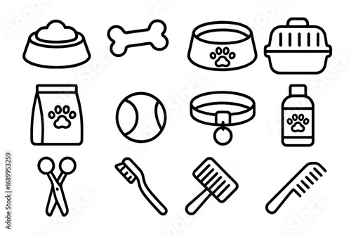 Pet care line icon set. Dog and cat essentials, grooming tools, and supplies. Vector collection for vet clinic, pet shop. Food bowl, bone, collar, carrier, toy, brush icons.