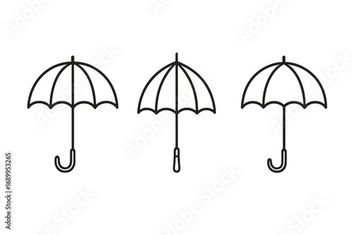 Umbrella icon set. Simple outline parasol symbol collection. Linear bumbershoot for rain or sun protection. Weather concept vector illustration for web, logo, or app.