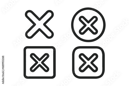 Cross mark icon set. Wrong, delete, and close button symbols. Vector line art illustration for UI design. Negative, remove, or cancel concept. No vote or error sign.