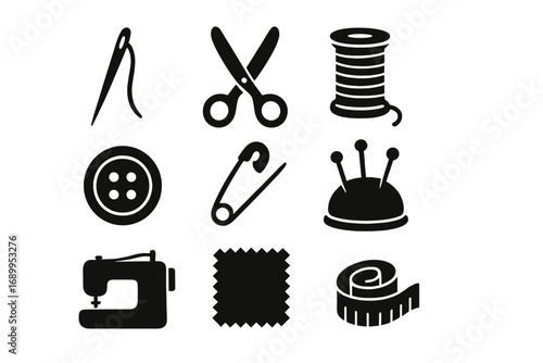 Sewing and crafting icons set. Needle, scissors, thread, button, safety pin, pincushion, sewing machine, fabric swatch, and measuring tape. Vector silhouette glyphs collection.
