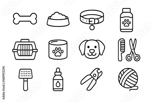 Pet care line icon set. Dog and cat grooming, food, and accessories. Vector illustration for vet, pet shop. Essentials collection with bone, collar, carrier, and toys.