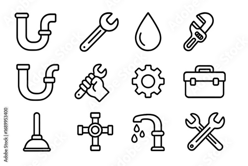 Plumbing service and maintenance outline icon set. Plumber tools for repair work. Vector collection of symbols including pipe, wrench, faucet, drain, leak, and toolbox.