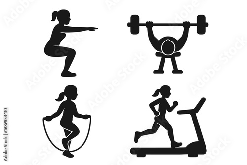 Fitness exercise vector icon set. Black silhouettes of people working out. Woman doing squats, man on bench press, girl jumping rope, and runner on treadmill. Gym cardio concept.