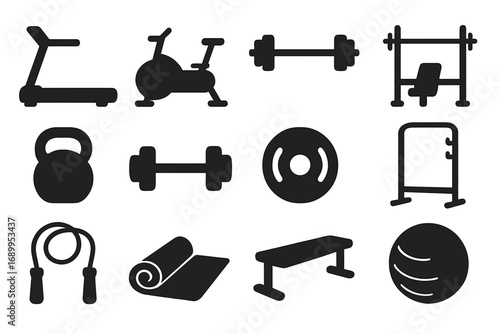 Gym equipment icons set. Fitness workout silhouette. Vector sport symbols. Dumbbell, kettlebell, barbell, treadmill. Bodybuilding and training graphic elements collection.