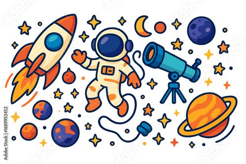 Space exploration cartoon icon set. Vector astronaut, rocket, planet, and telescope. Cute cosmic elements for kids. Galaxy astronomy adventure sticker collection. Doodle style.