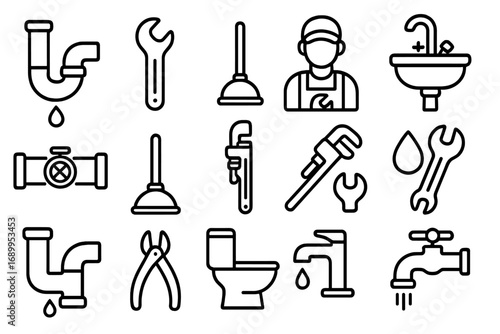Plumbing service outline icon set. Plumber tools for home repair and maintenance. Vector linear symbols collection of pipe, wrench, sink, faucet, toilet, and water leak.