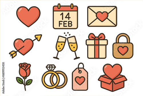 Valentine's day icon set. Romantic love sticker collection. Vector cartoon illustration for February 14. Heart, gift, wedding ring, rose, love letter, champagne symbols.